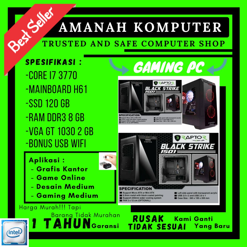 KOMPUTER GAMING CORE i7 3770  RAKITAN KOMPUTER CPU VGA GT 1030 2GB RAM 8GB E45