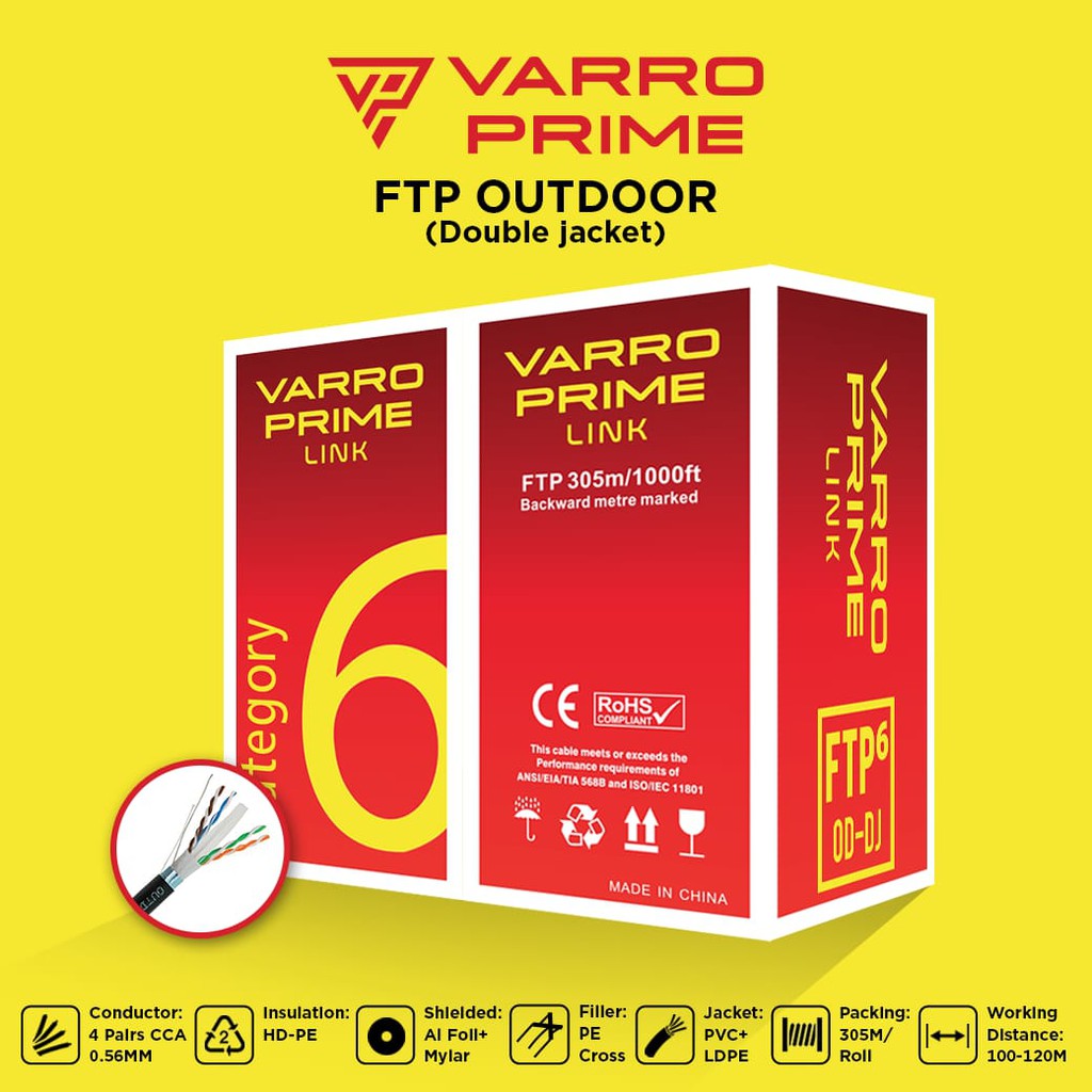 Cable lan roll varro prime link cat6 ftp outdoor 305m - Kabel rj45 cat 6 305 meter