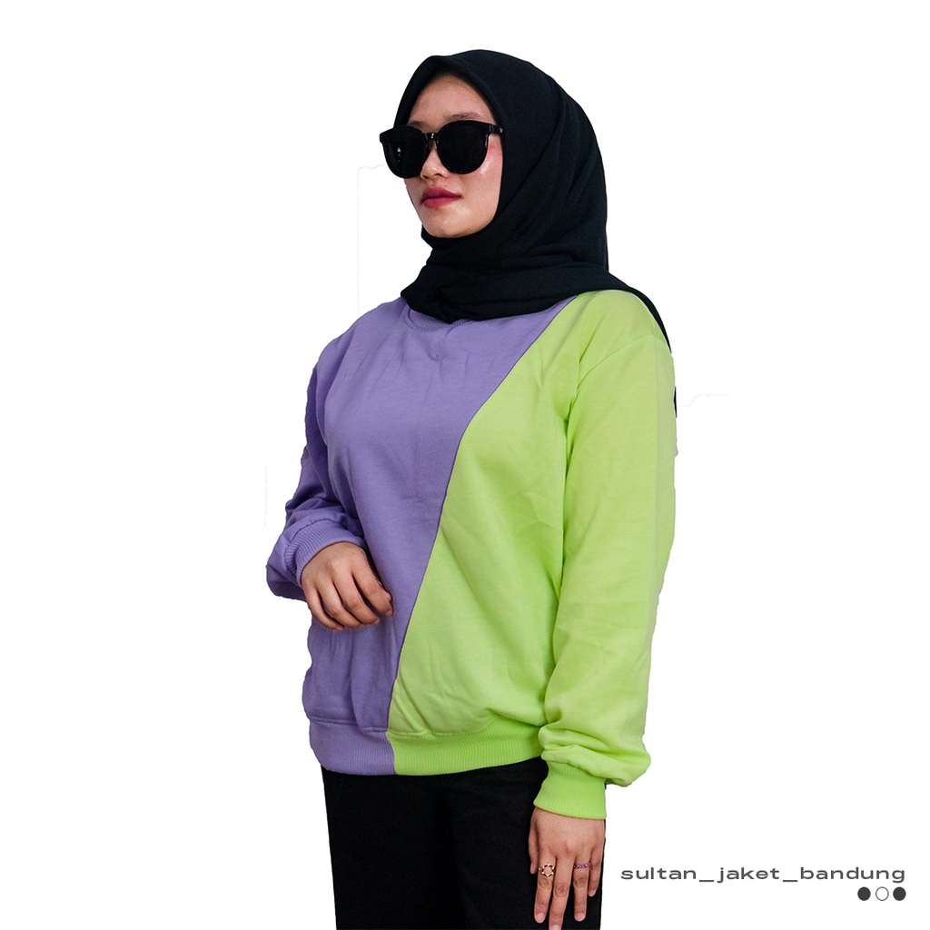 Slash Sweatshirt Kombinasi PINK-ABU || SWEATER  CRAWNECK BASIC WANITA FASHIONABLE