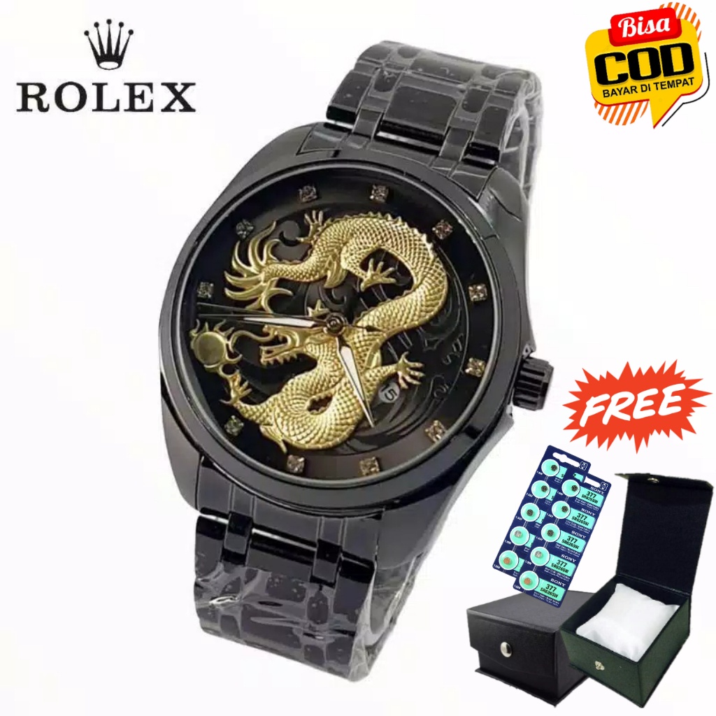 TERLARIS Jam Tangan Pria Rantai Sport Hitam Drago / Naga Emas Timbul 3D Analog Tanggal Aktif - COD