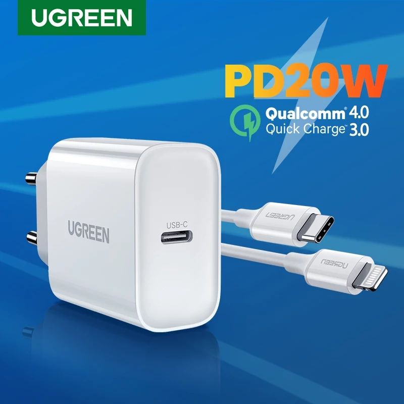 Ugreen Charger 20W + USB C to Lightning Cable MFi for iPhone 14 13 12 11 X XR XS 8 Fast Charging