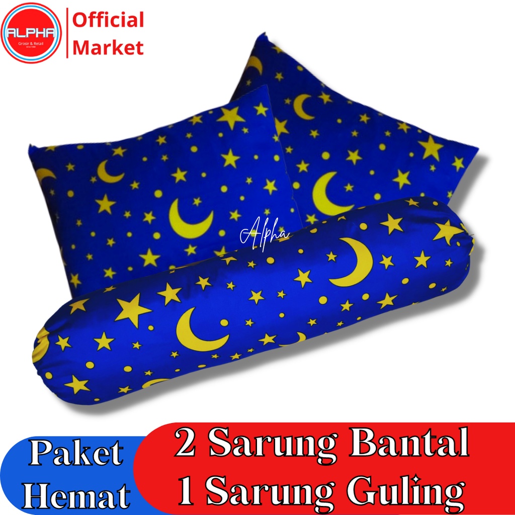 sarung bantal guling 1set murah motif aesthetic starmoon bulan bintang biru bahan katun disperse warna tidak luntur