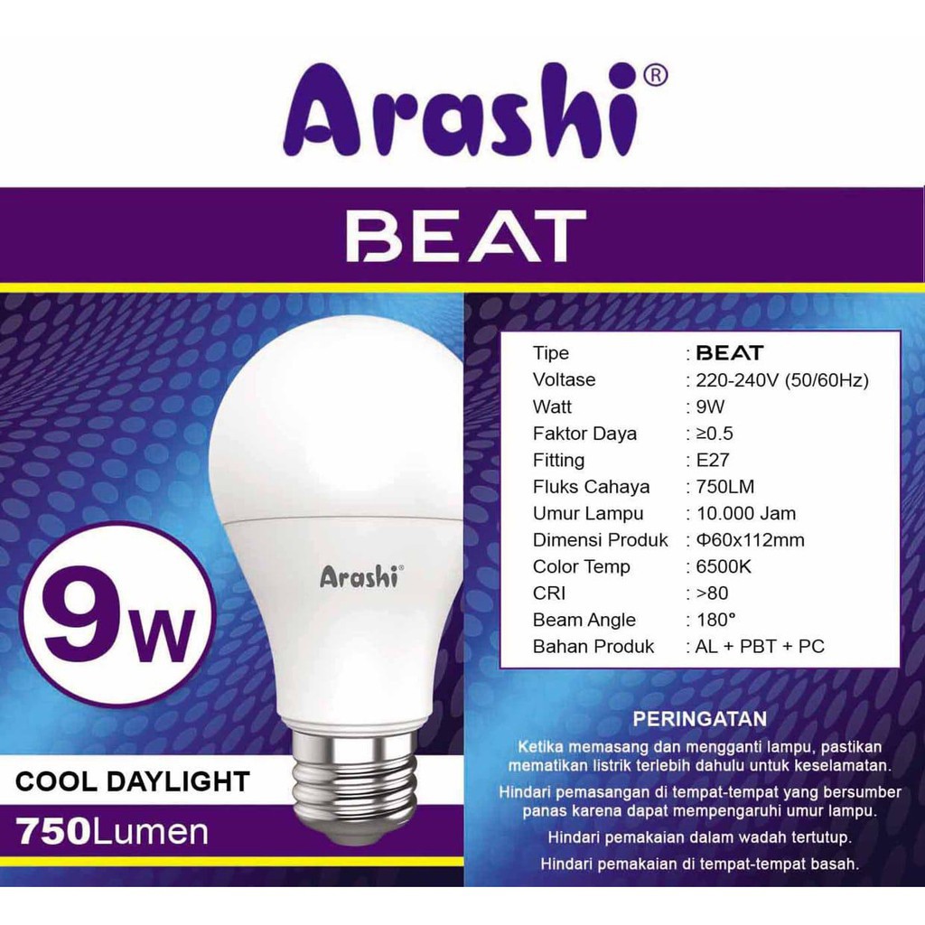 Arashi Lampu Bohlam LED Beat Hemat Energi 9 Watt - Putih