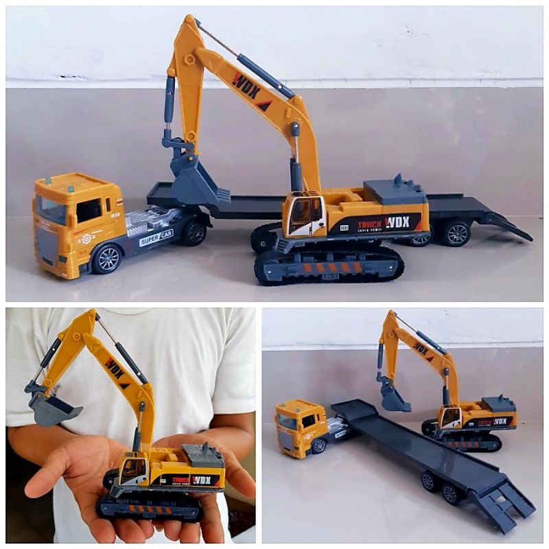 Diecast Set Truk Trailer &amp; Excavator Alloy - Mainan Miniatur Mobil Beko