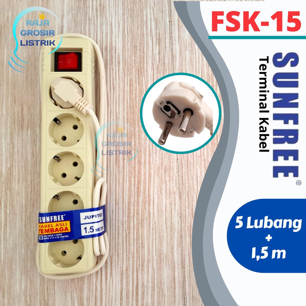 Stop Kontak Sunfree Arde 5 lubang + kabel 1,5 M Jupiter 15 Super Murah