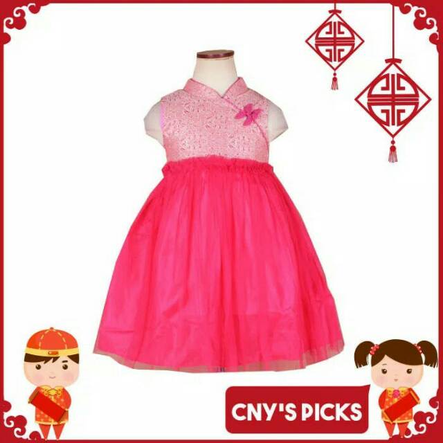 Baju dress cheongsam imlek / sincia anak perempuan import warna pink fuschia / fanta #brown baby