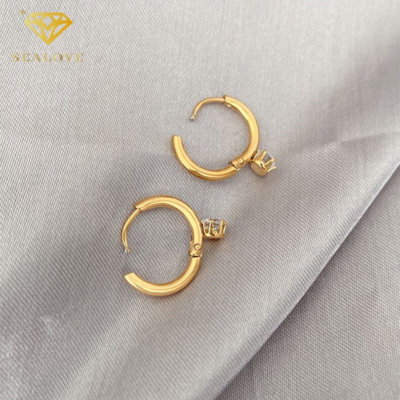 Anting-anting titanium wanita berlian bulat lapis 18k emas anti-karat dan anti-alergi aksesoris perhiasan Fashion Korea