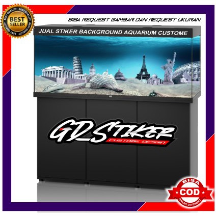 STICKER AQUARIUM / BACKGROUND AQUARIUM / WALLPAPER AQUARIUM PATUNG MENARA BISA CUSTOM / REQUEST