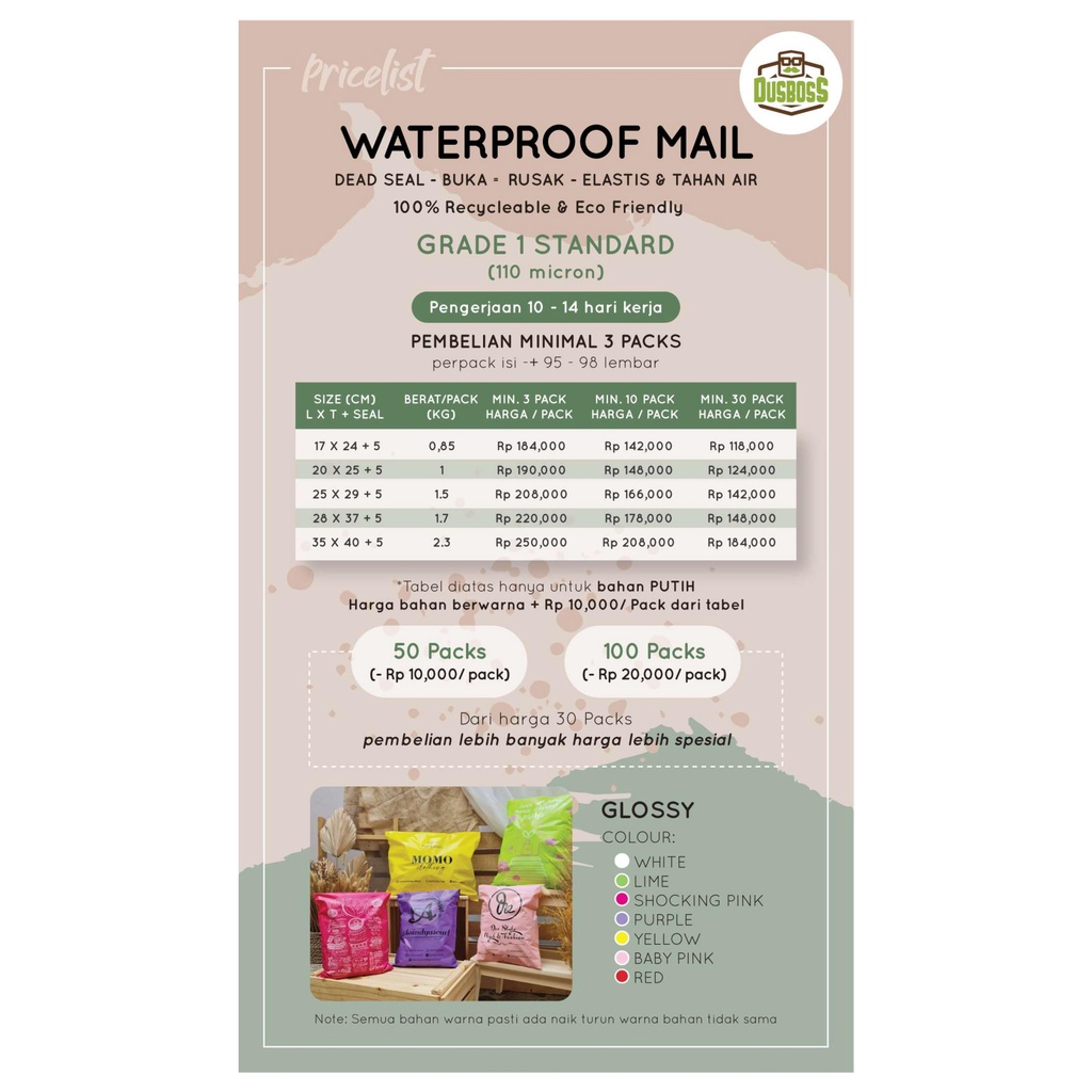 

(Utk Harga PM) Custom Made : Waterproof Mail - Grade 1 standard 110 micron GLOSSY