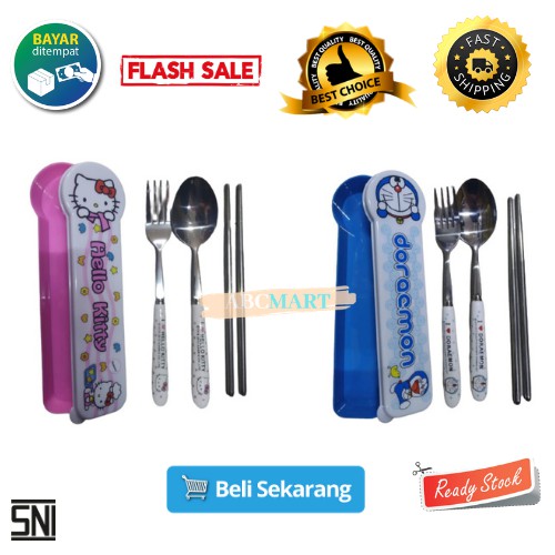 [BISA COD] PROMO Sendok Garpu Sumpit Stainless Set Karakter Hello Kitty Doraemon Sendok Travelling