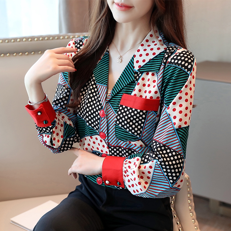  Korea  wanita  baru muda baju  lengan panjang cetak Kemeja 