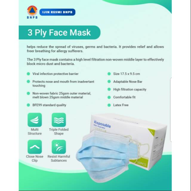 MASKER 3 PLY/3PLY EARLOOP DISPOSABLE FACE MASK 1BOX ISI 50