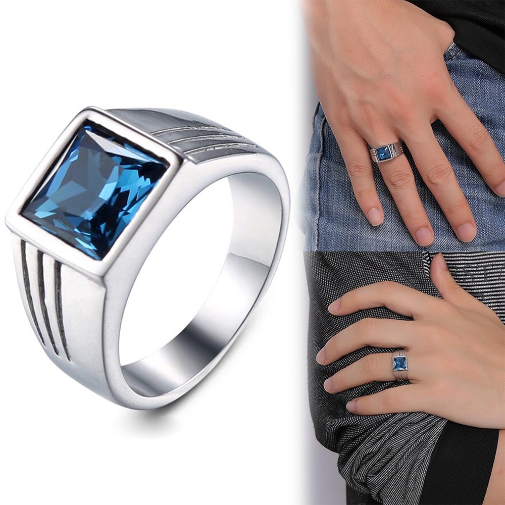 Cincin Safir Kristal baja titanium Perak Wanita pria Perhiasan Fashion Biru Batu permata Rings