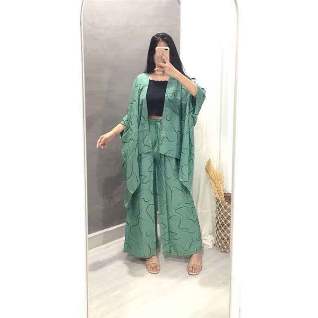 SETCEL KULOT DAN CARDIGAN MOTIF BALI PRINT LILIT (cacing)