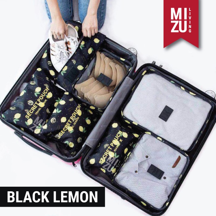 SECRET POUCH Travel Packing Cubes 7in1 Storage Bag Organizer Tas Koper MOTIF-BLACK Lemon