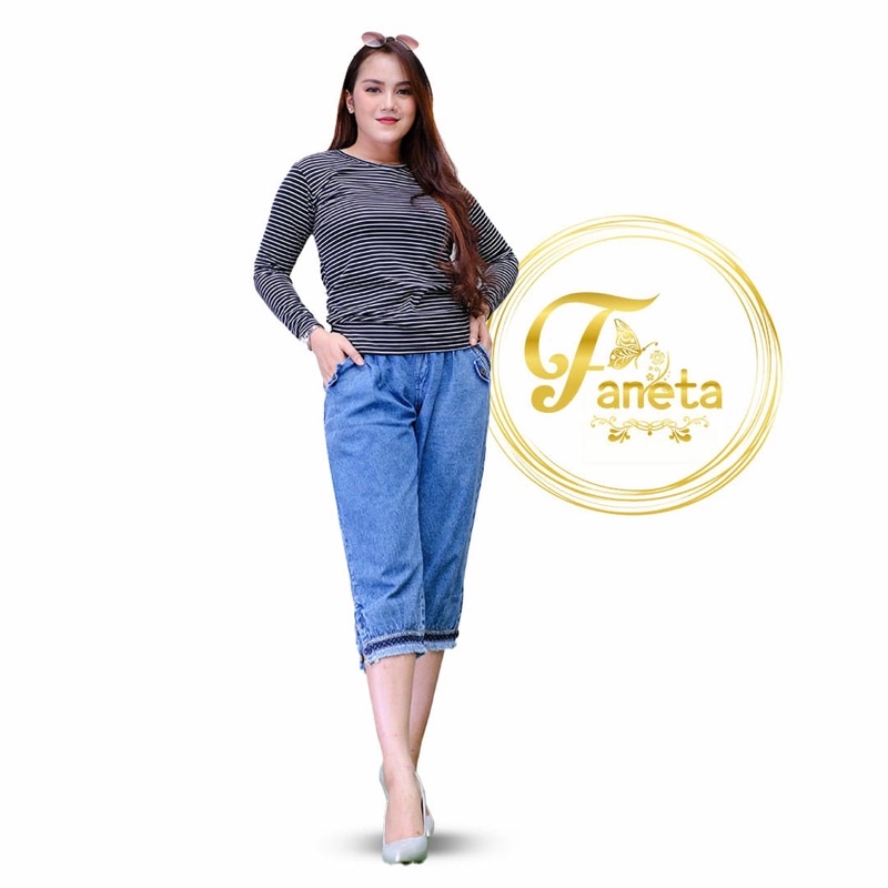 Celana Jeans Jogger Panjang 7/8 Jumbo Wanita Dewasa Pinggang Full Karet Elastis Celana Levis Tanggun