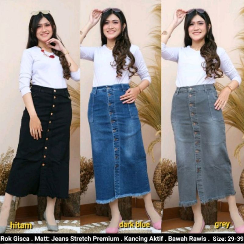 ROK JEANS PANJANG GISCA KANCING DEPAN. ROK JEANS SPAN MURAH