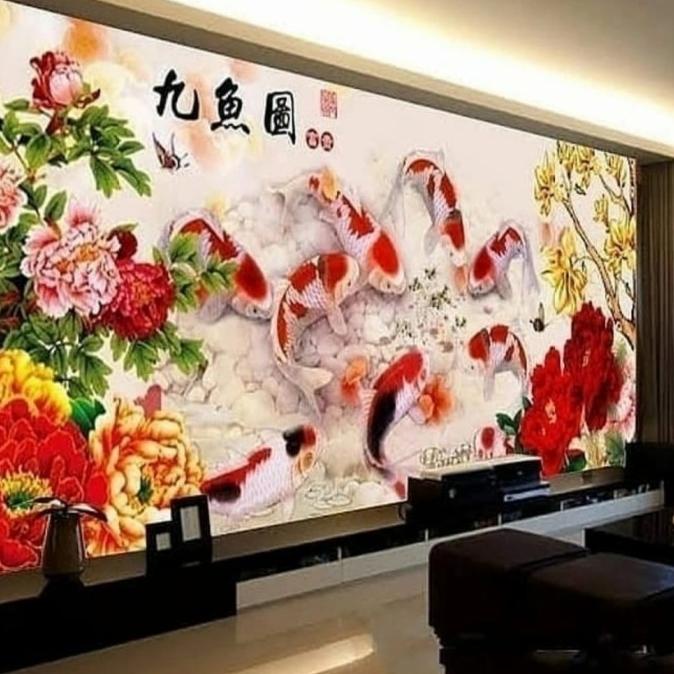 Paket kristik 9 ikan koi dan bunga peoni merah emas