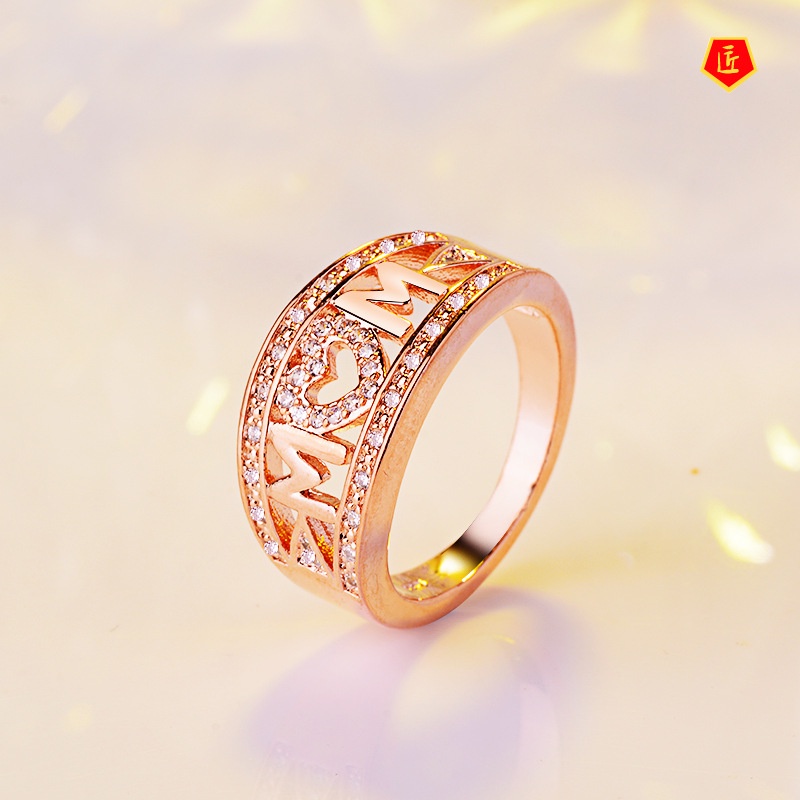 [Ready Stock]Platinum Diamond-Embedded MOM Heart-Shaped Ring Female