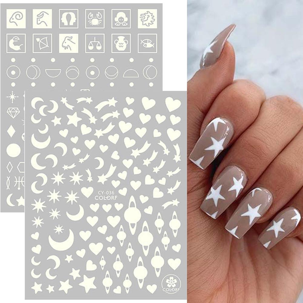 R-flower 1/6PCS Stiker Kuku Menyala Dalam Gelap 3D Nail Polish Sticker Rose Butterfly Nail Art Glitter Decal