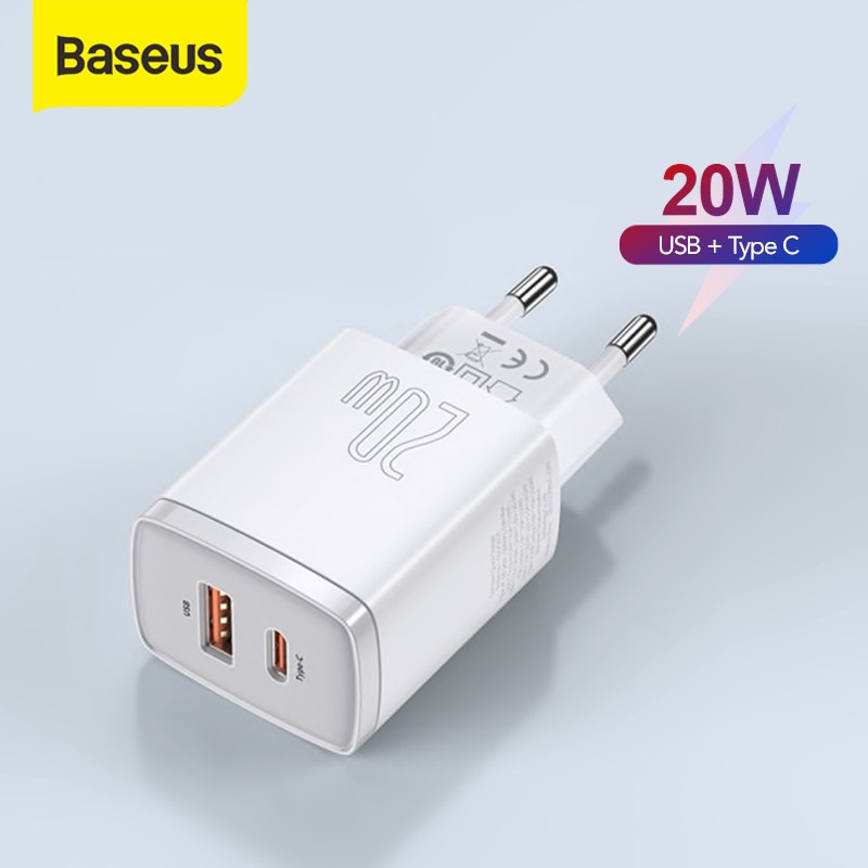 BASEUS COMPACT ADAPTOR ADAPTER KEPALA CHARGER QC 3.0 TYPE C + USB 20W FAST CHARGING IPHONE SAMSUNG XIAOMI OPPO VIVO