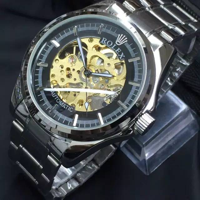 Jam Tangan Pria Analog Otomatis Skeleton Rolex Big Chain Balok