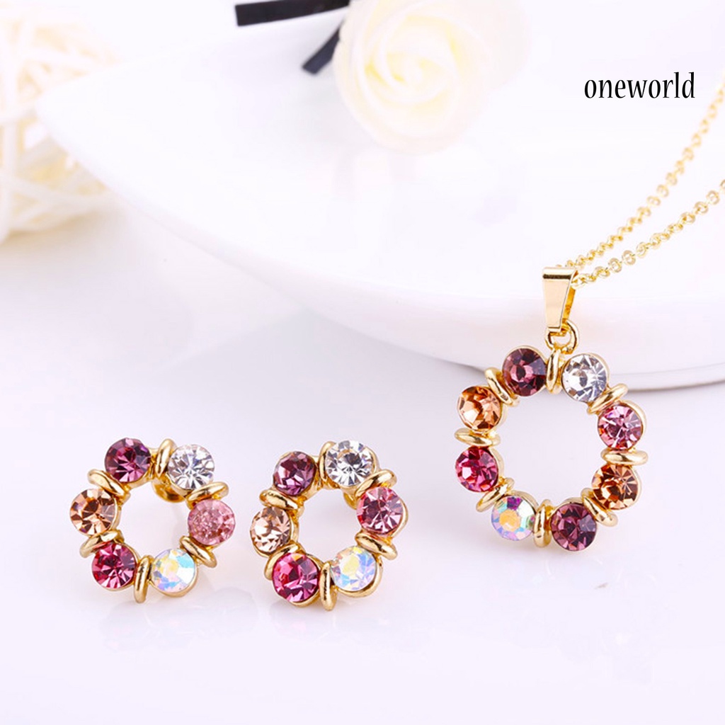 OW@ Necklace Colorful Rhinestone Round Women Pendant Necklace Earrings Set for Party