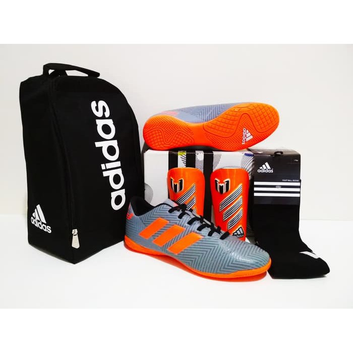 PAKET All In One SEPATU FUTSAL Grade Ori (Nemeziz Grey Orange)