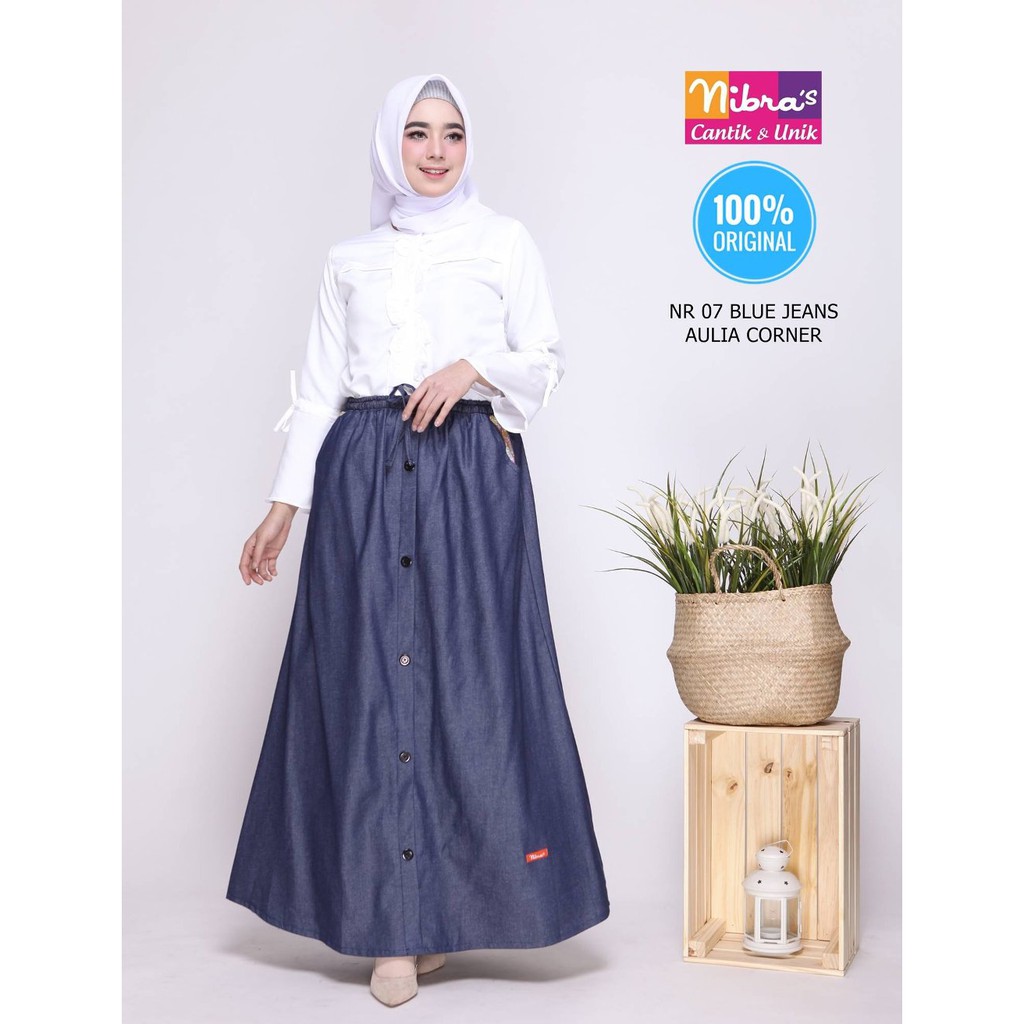 Desain Elegan Rok Panjang Muslimah Terbaru Nibras NR 07 Blue Jeans ORIGINAL Bawahan Rok Kebaya