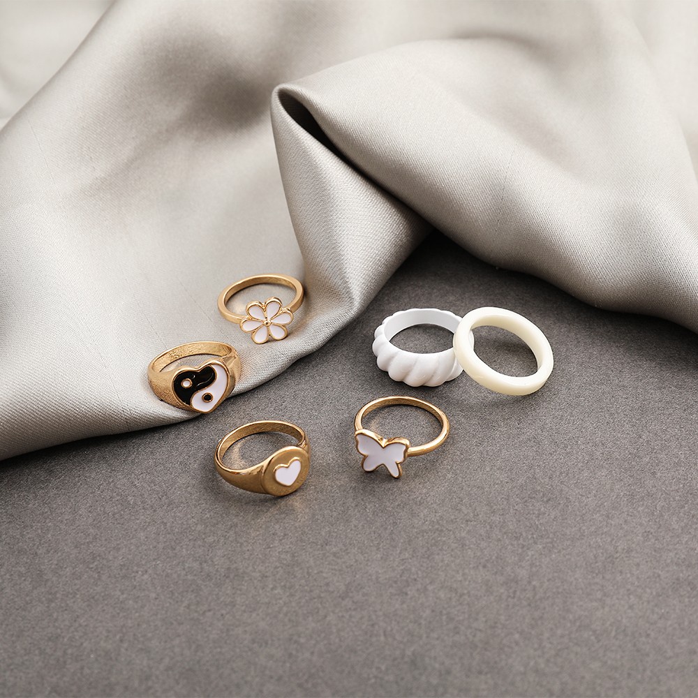 6pcs / Set Cincin Tai Chi Bentuk Hati Kupu-Kupu Putih Gaya Elegan Untuk Aksesoris Wanita