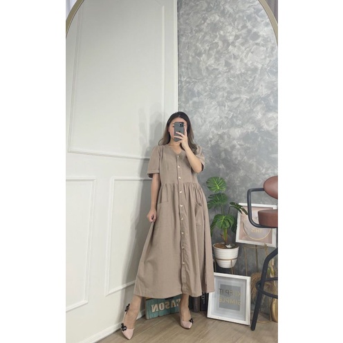 Evelyn Button Midi Dress Cotton Linen Fasion Casual Dress Berkancing
