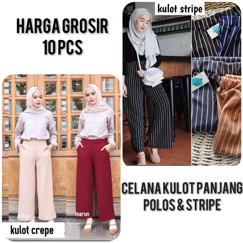 [PAKET USAHA] GROSIR - Celana Kulot Wanita Panjang / Kulot Polos Salur Stripe Bahan Crepe Tebal Murah