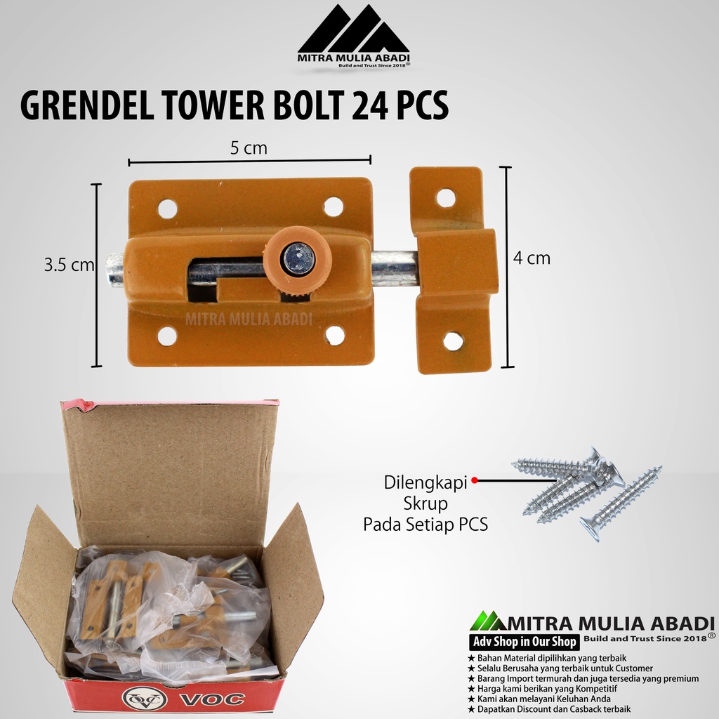 1 Dus Grendel Tower Bolt VOC Slot Pintu Jendela 2 Inch / 5 cm l Skrup Baut (24pcs)