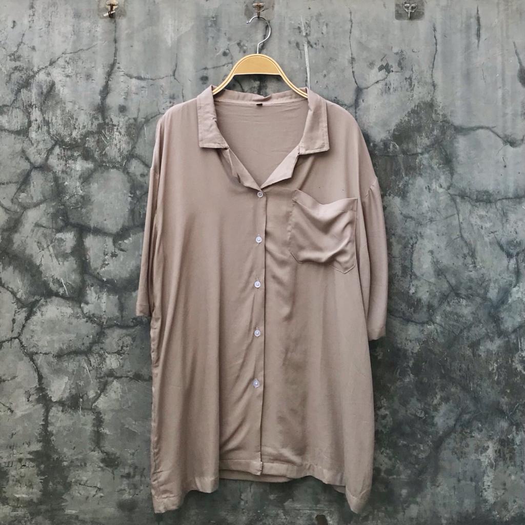 BOWLING - Oversized Shirt Hawai Kemeja Pantai Basic Polos Ukuran Besar Kancing Rayon Unisex-Khaki