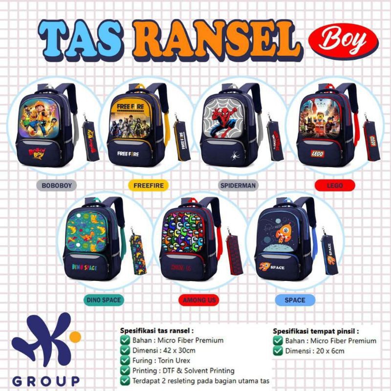 READY  Tas Anak Laki - Laki / Tas Anak Perempuan / Tas Ransel HK Grup / Tas Sekolah Anak SD