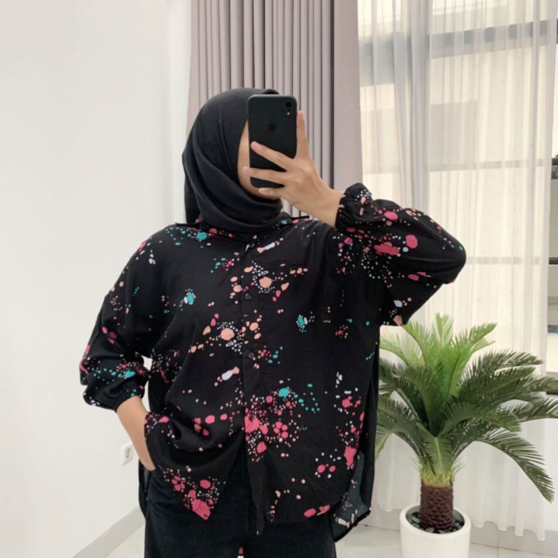 KEMEJA KATUN RAYON WANITA OVERSIZE FULL KANCING