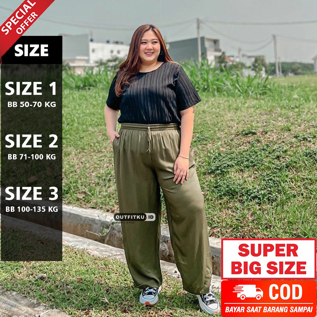 Kulot Highwaist Jumbo Wanita Pinggang Full Karet - Loose Pants Jumbo - Celana Kulot Big Size