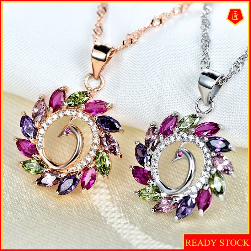 [Ready Stock]Colorful Gem Peacock Pendant Silver Necklace Graceful Personality