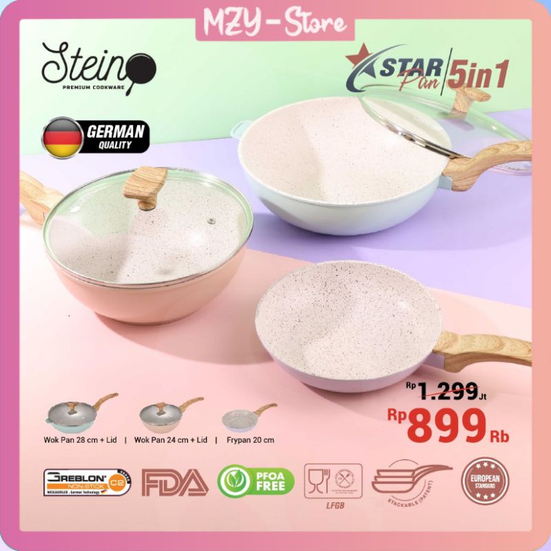 Stein Steincookware Starpan 5 in 1 Star Pan Stein Frypan 20 Wok Pan 24 Wok Pan 28 + 2 Tutup Star Pan