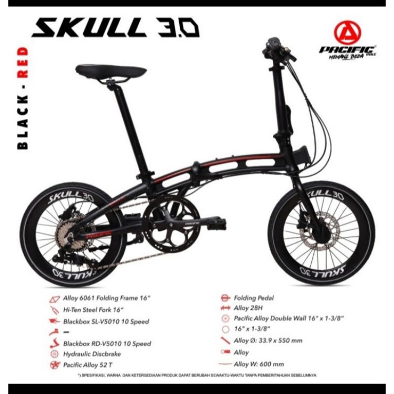 Sepeda lipat 16 Inch Pacific Skull 3.0 10 speed Hydraulic (free helm)