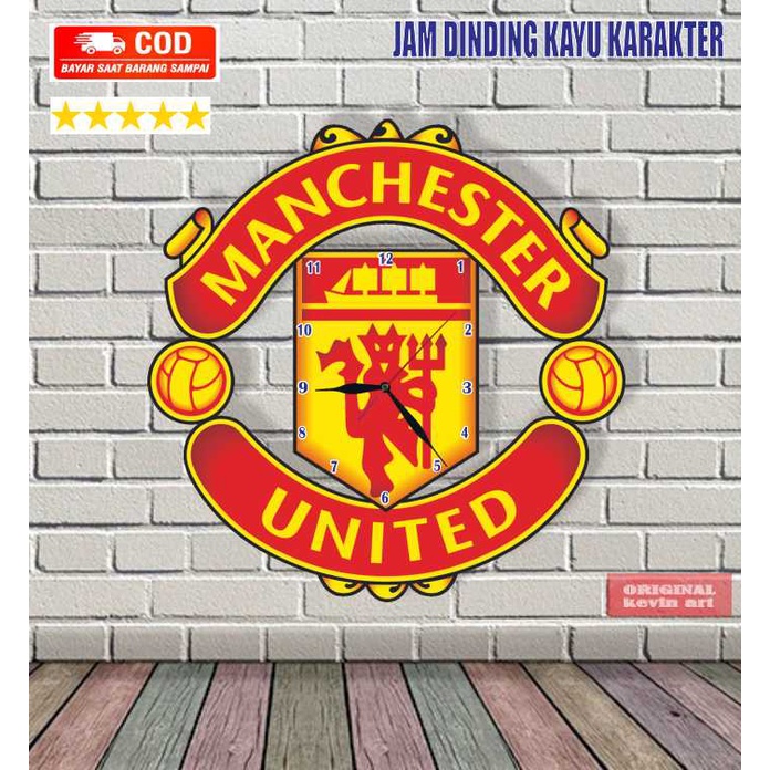 JAM DINDING KAYU UNIK BESAR VINTAGE KARAKTER MURAH GAMBAR LOGO MANCHASTER UNITED