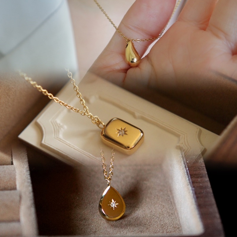 844# Kalung Wanita titanium lapis emas 18k model Liontin kecil permata Gold