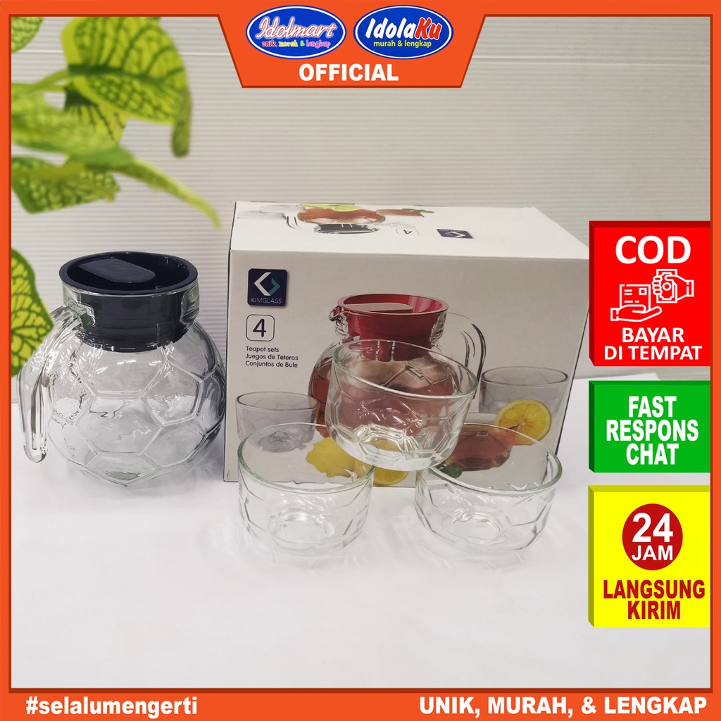 IDOLMART Pitcher Teko Set Bulat / Drink Set Kimglass isi 4 pcs / Teko Bulat dan gelas - Surabaya