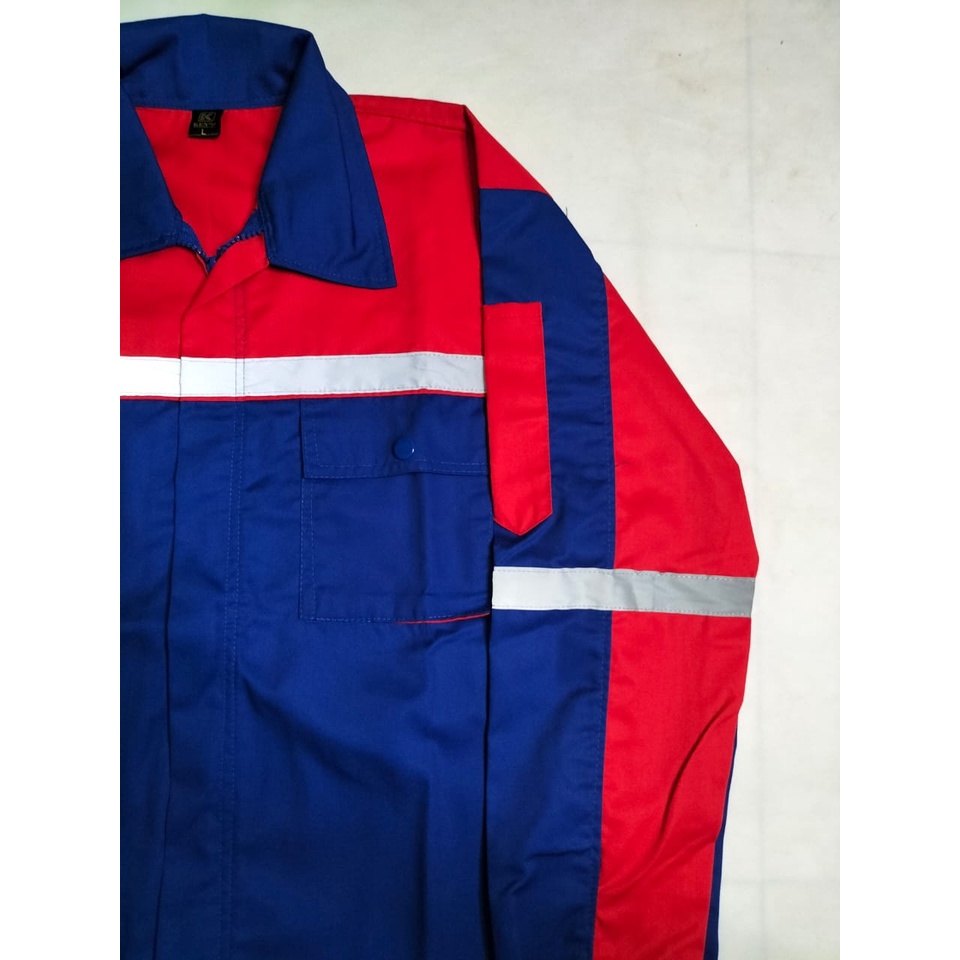 Baju Atasan Safety | Kemeja Wearpack Proyek Lengan Panjang | Merah - Biru Benhur