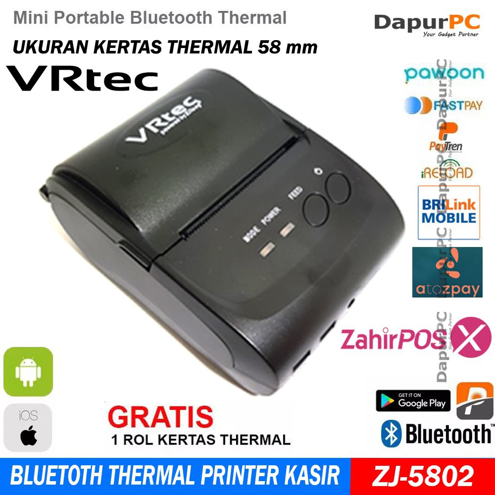VRtec Mini Portable Bluetooth Thermal Receipt Printer Kasir ZJ-5802 Obral
