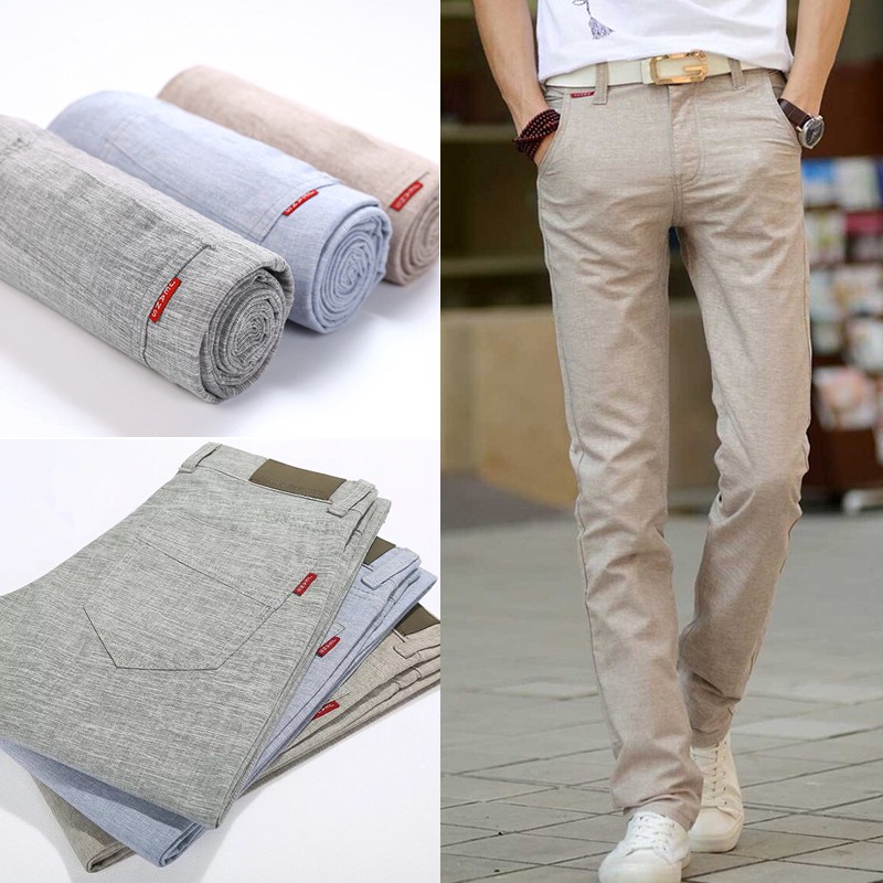  Celana  Panjang Casual Slim  Fit  Bahan Katun  Linen untuk 