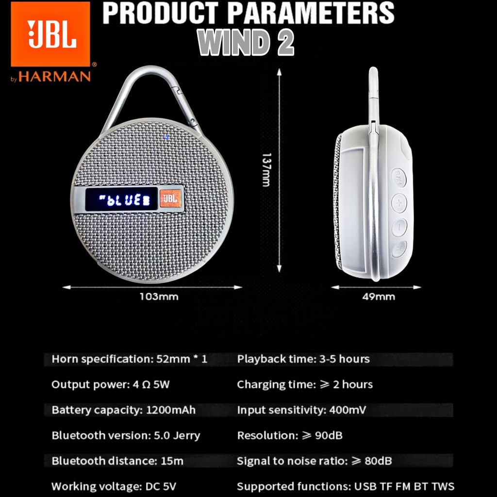 Speaker Bluetooth JBL WIND 2 Wireless Portable Stereo Speker Sepeda Bracket Super Bass