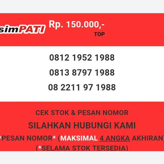 Nomor cantik Telkomsel murah tahun lahir 1988 simpati & loop T0888-150