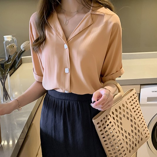 【xiaozhainv】Kemeja wanita gaya baru lengan pendek desain atasan longgar-jeruk