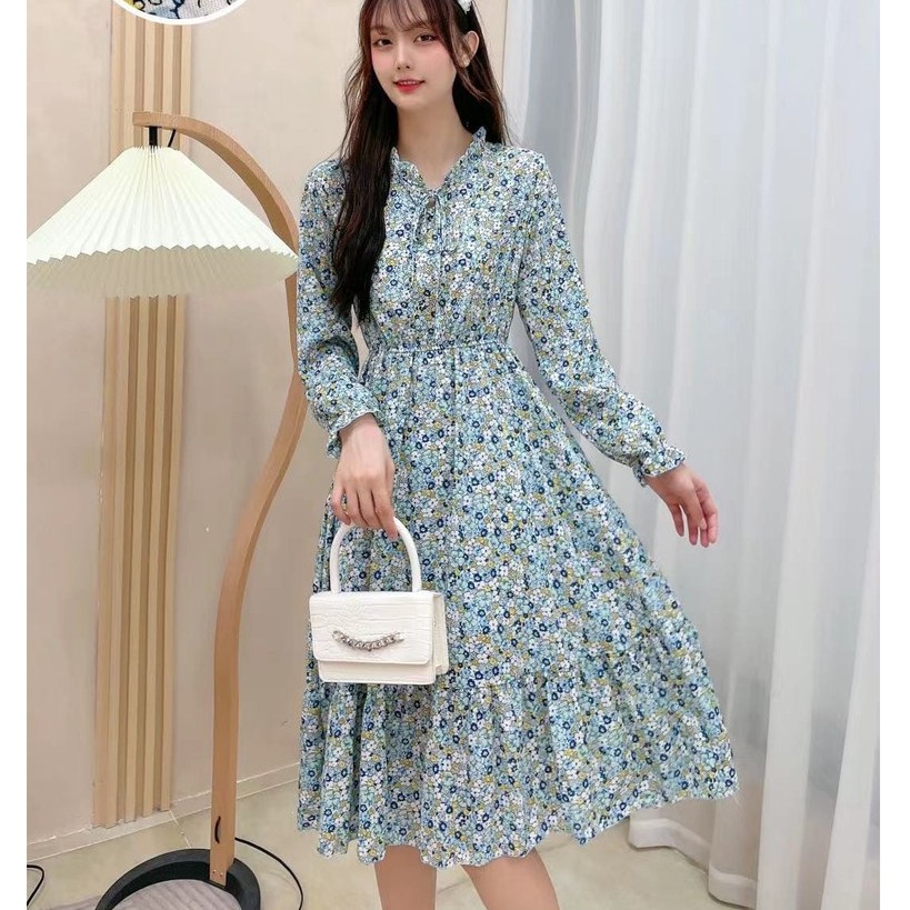 Gaun Wanita Motif Floral Dress Vintage Korean Style 9920 - 9925-FLORAL9